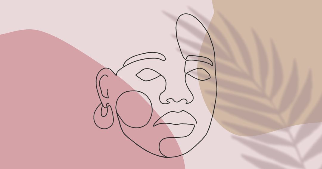 Abstract Face Line Art with Leaf Shadows and Pastel Background