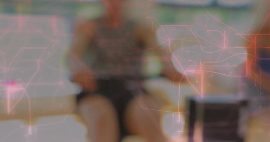 Sitting man on bench with neon circuit overlay, glowing digital network grid and box