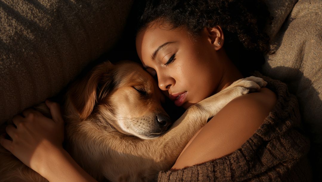 Cuddling Golden Retriever and Woman on Sofa Embracing Quiet Nap and Warmth
