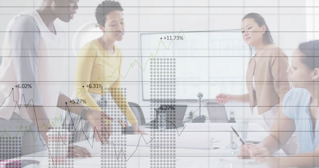 Diverse Team Analyzing Financial Reports with Graphing Overlay