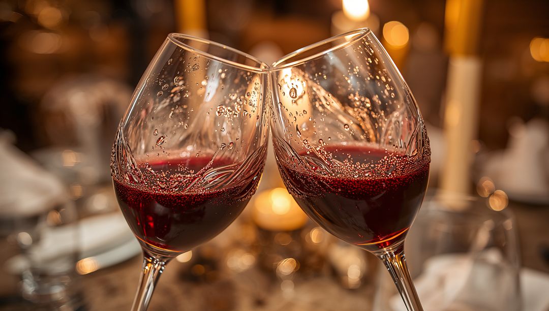 Crystal Red Wine Glasses Clinking With Droplets and Bubbles Over Candlelit Dinner