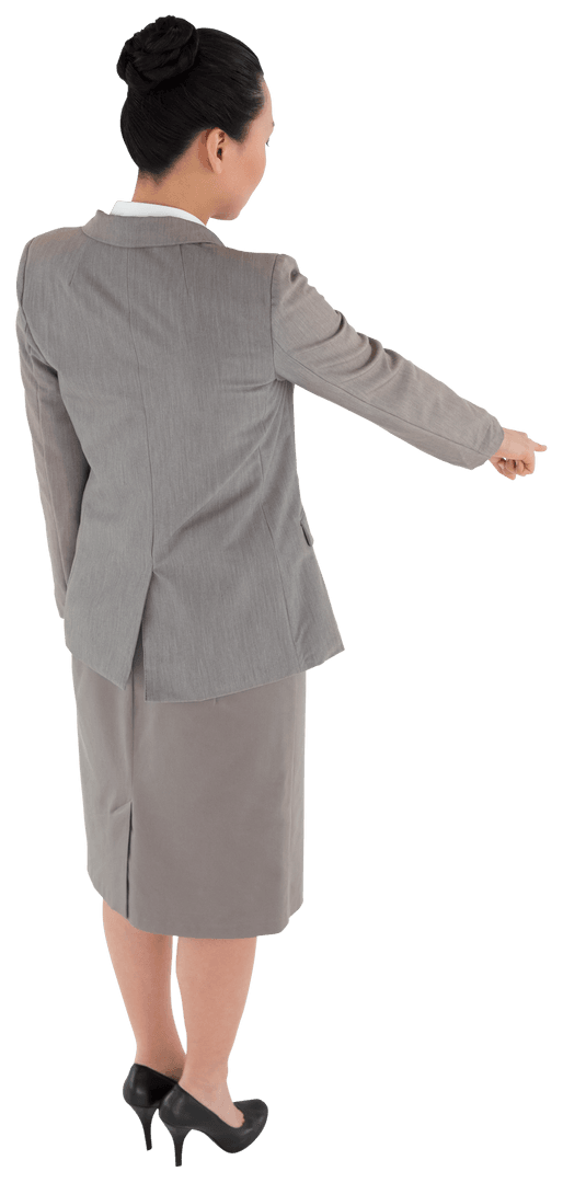 Transparent Businesswoman Pointing to Direction in Professional Attire