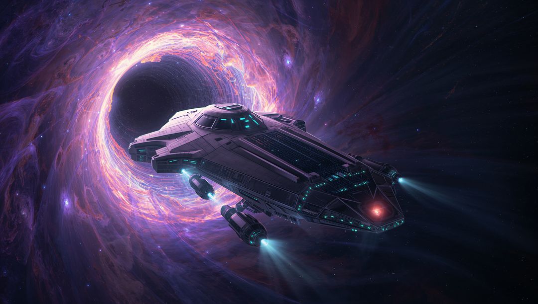 Futuristic Spacecraft Navigating Through Cosmic Wormhole