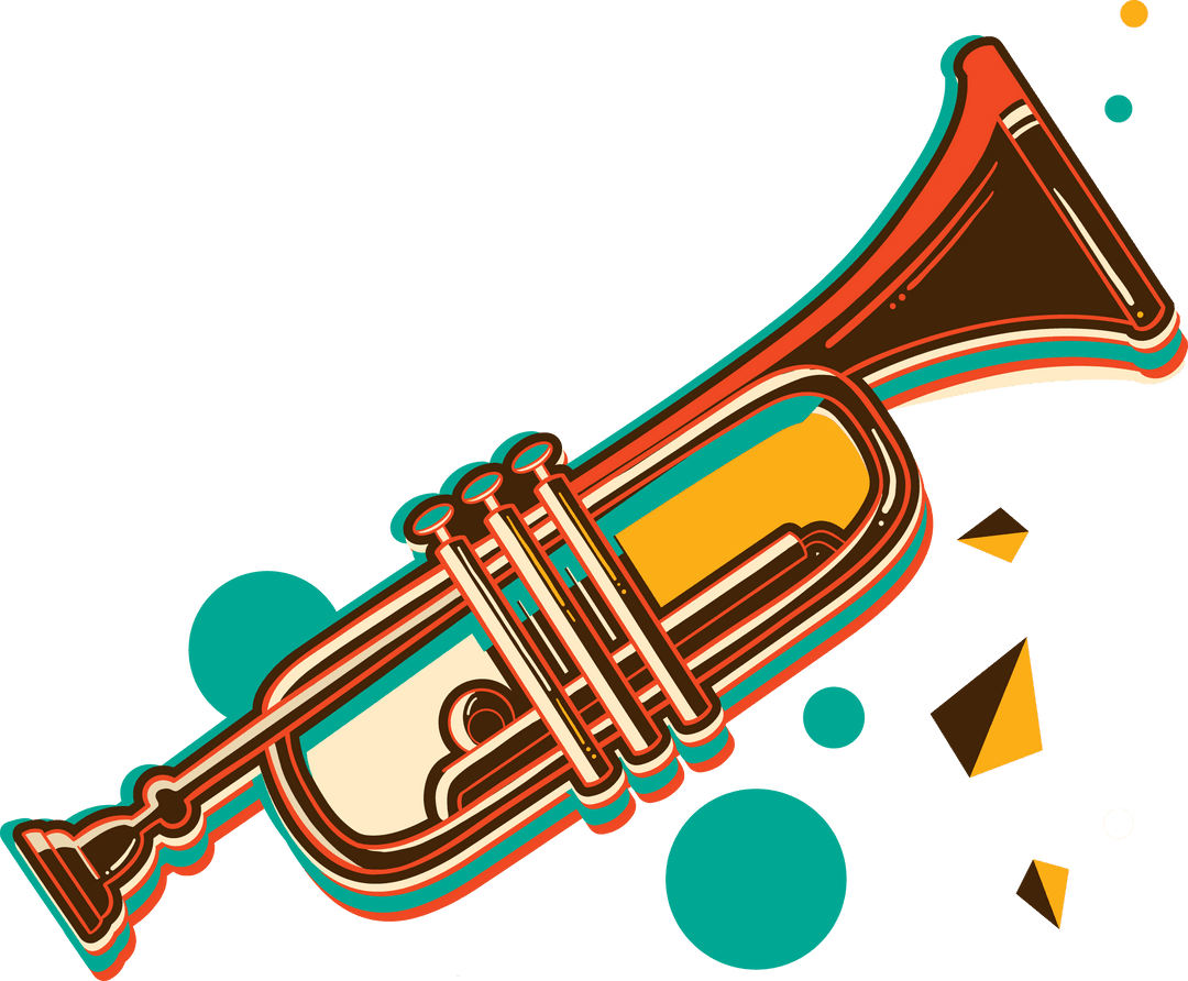 Trumpet Floating Among Geometric Shapes on Transparent Background