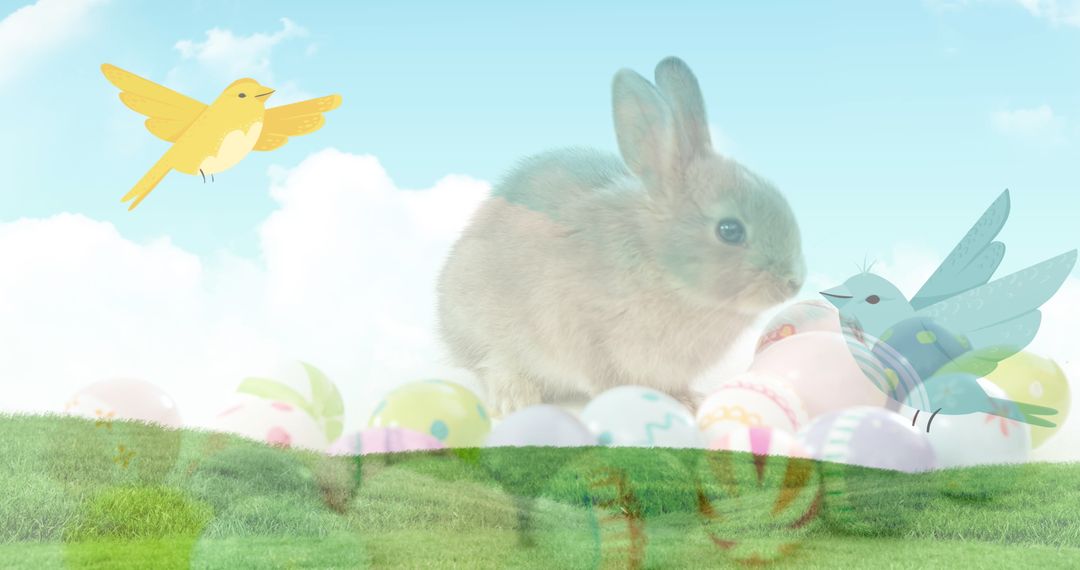 Cute Easter Bunny and Colorful Eggs on Spring Meadow