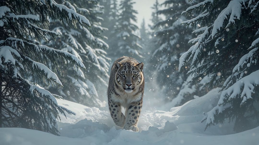 Majestic Snow Leopard Walking Through Pristine Snowy Forest