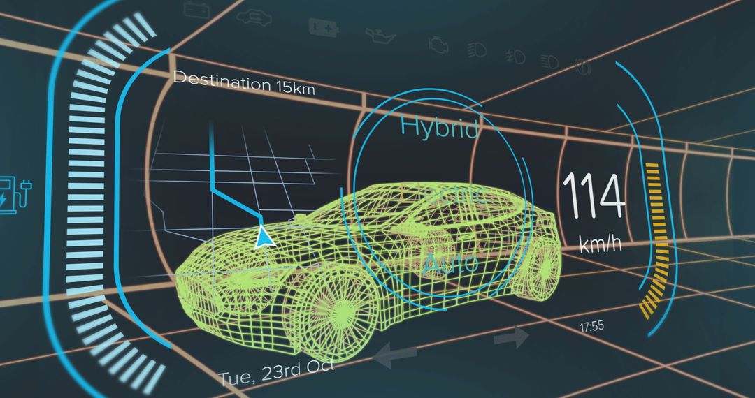 Futuristic Hybrid Car Display with Speed and Navigation