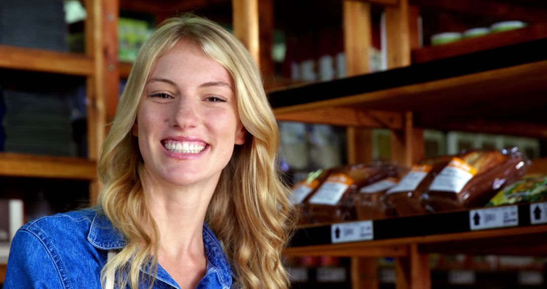 Cheerful blonde woman smiling in grocery store - Free Images, Stock Photos and Pictures on Pikwizard.com