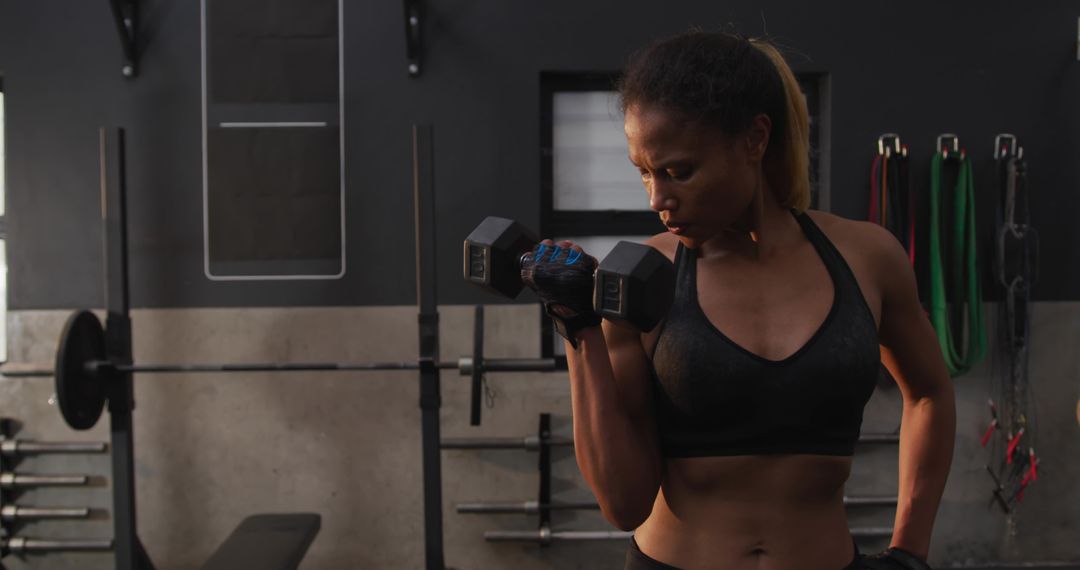 Woman Exercising with Dumbbell in Modern Gym