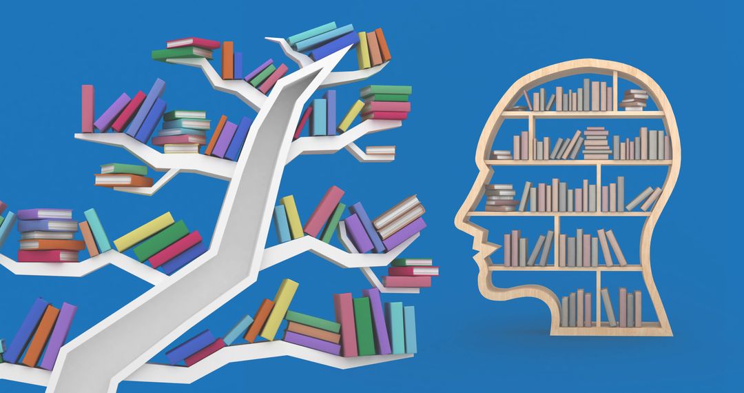 Abstract Bookshelf Art Featuring Human Head and Tree