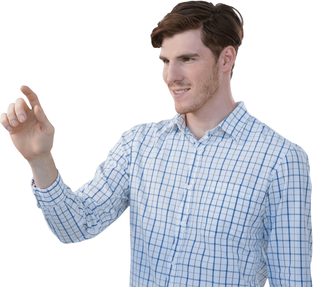 Smiling Caucasian Businessman Pointing on Transparent Surface