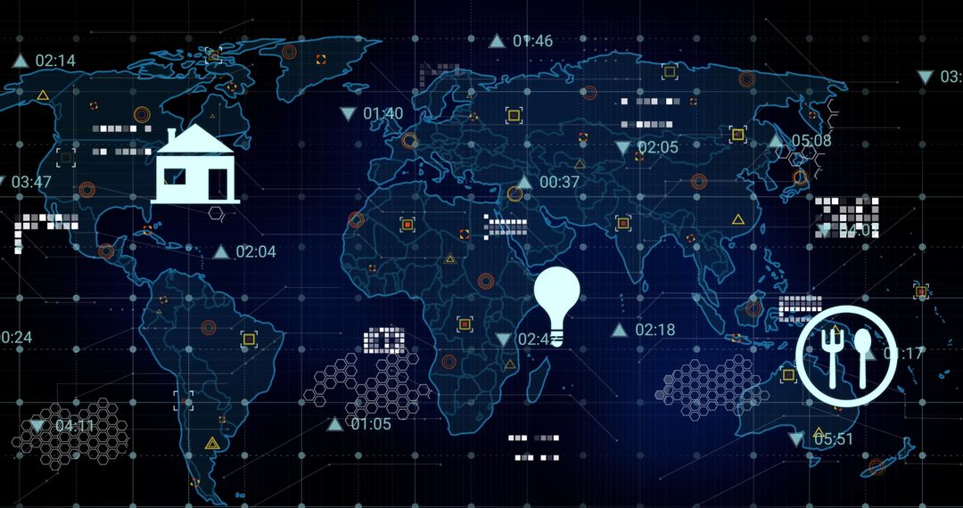 Digital Network Interface Map with Global Connectivity Icons