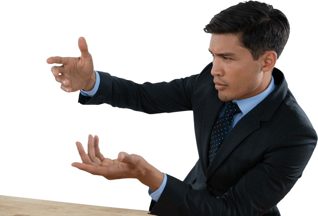 Transparent Businessman Gesturing Seriously during Discussion