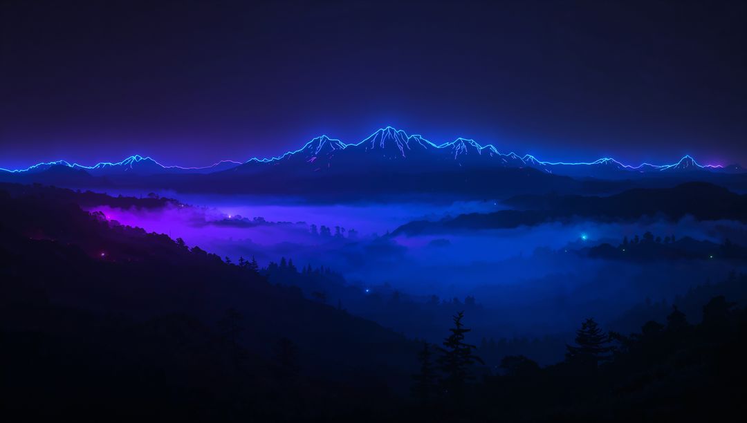Neon mountain ridge glowing over fog-filled valley with magenta mist and cyan beacons