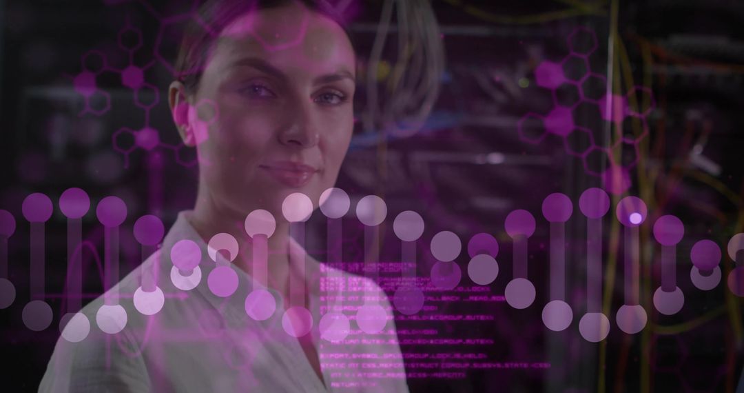 Futuristic IT Specialist Analyzing Digital DNA Helix in Server Room