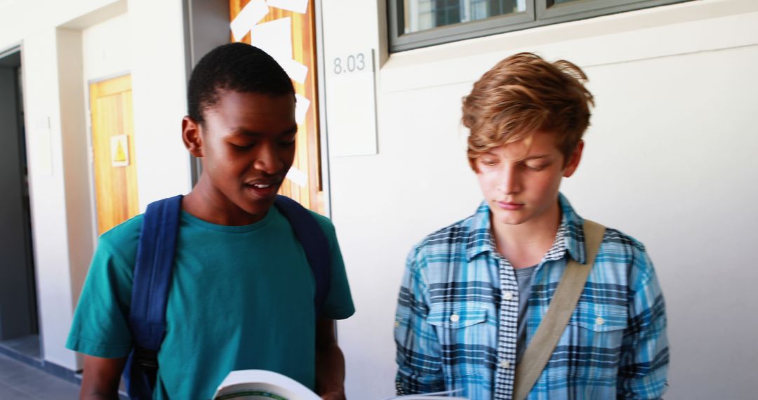 Teens Engaged in Conversation Walking Through School Corridor