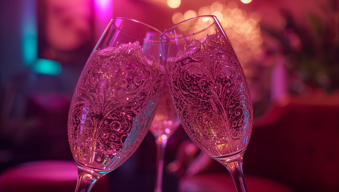 Ornate Champagne Flutes Clinking in Upscale Lounge Setting