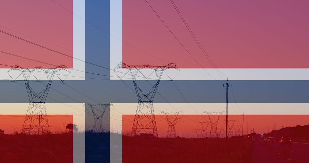 Norwegian Flag Overlaying Power Pylons at Sunset - Free Images, Stock Photos and Pictures on Pikwizard.com