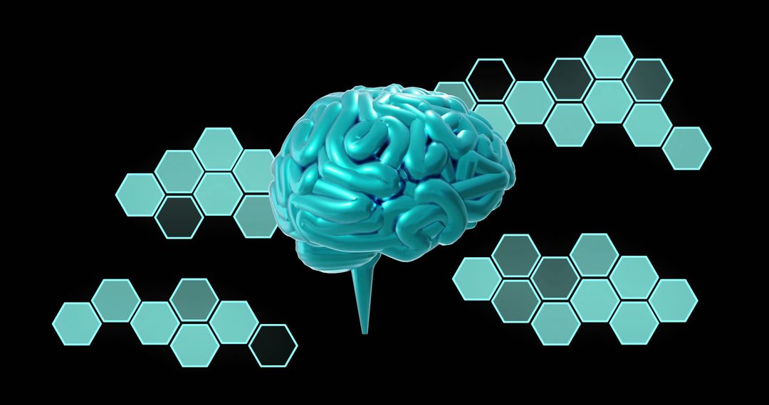 Futuristic Brain with Data Hexagons on Black Background