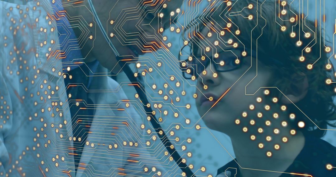 Doctor Examining Young Patient with Overlay of Microprocessor Circuits