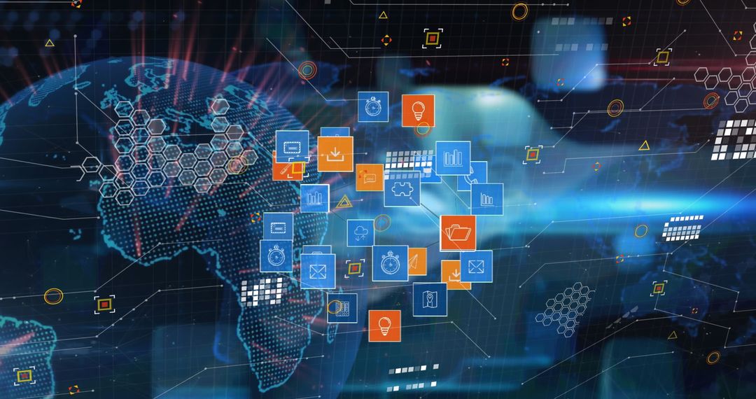 Global Digital Network with Data Icons and Abstract Technology Interface - Free Images, Stock Photos and Pictures on Pikwizard.com