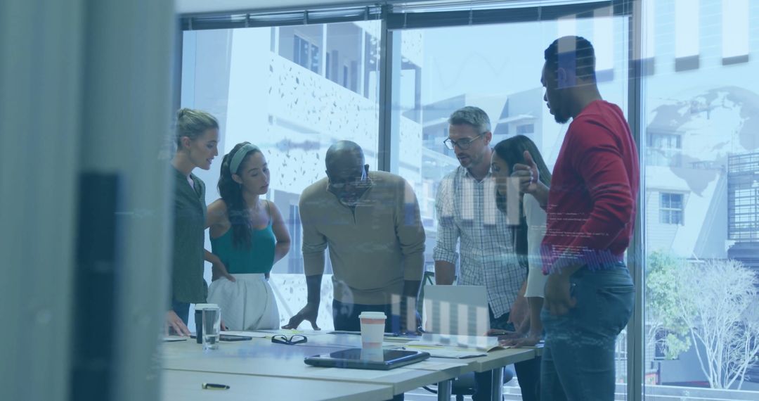 Team Analyzing Financial Data with Technological Overlay