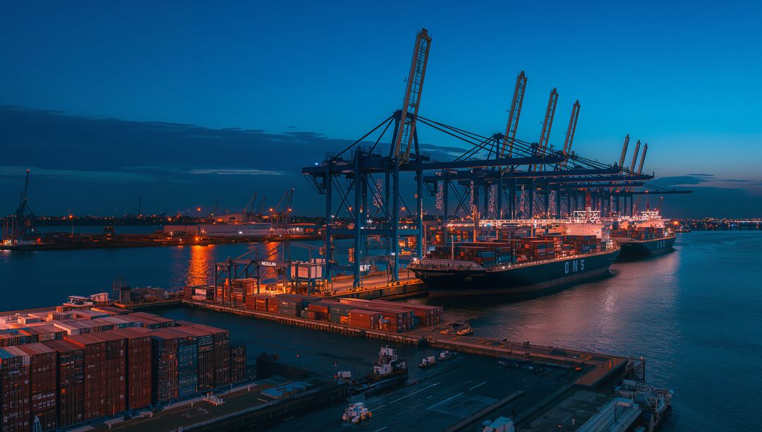 Gantry cranes loading containers at twilight port terminal with illuminated cargo ship