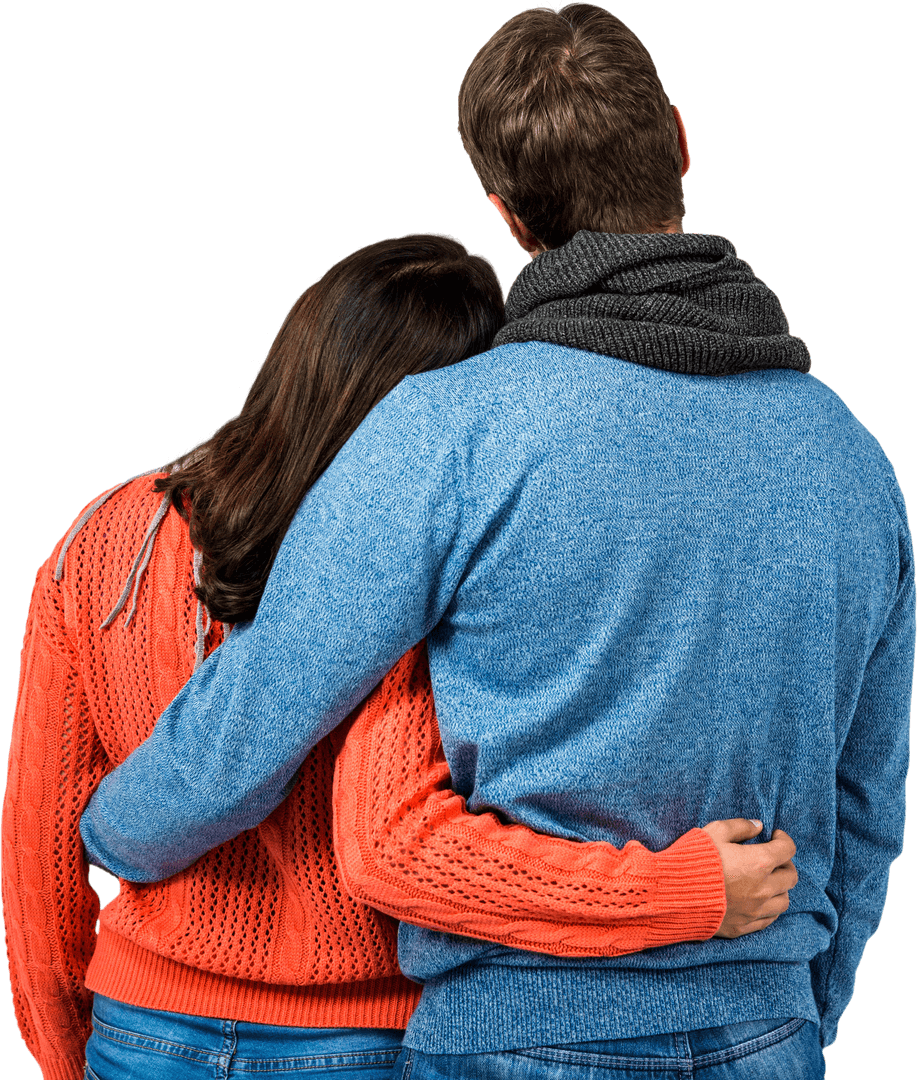 Rear View of Couple Embracing in Warm Clothing, Transparent Background