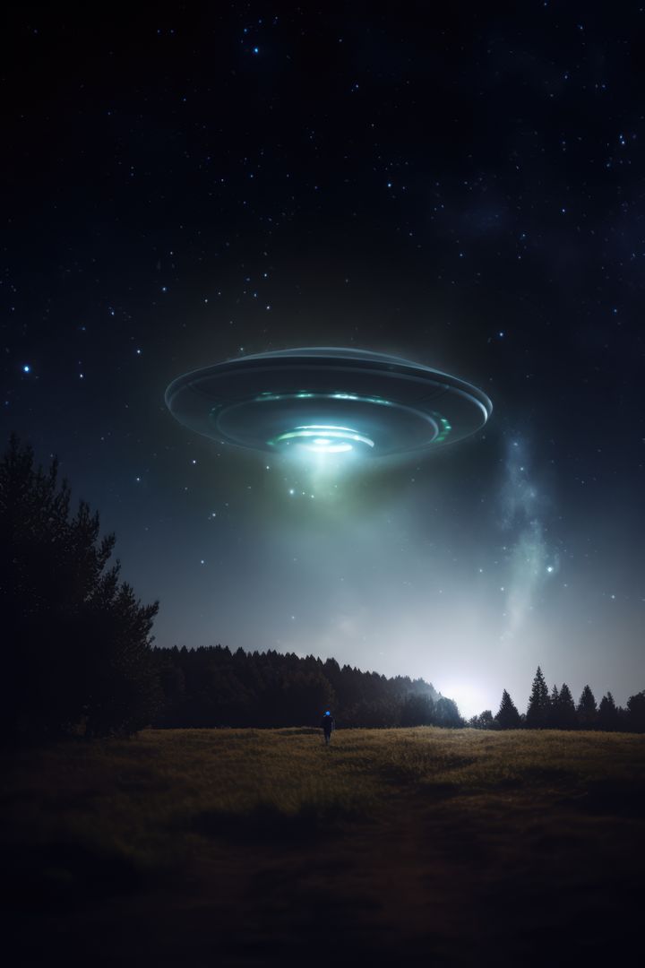 Lit ufo hovering above man in field at night, created using generative ai technology - Free Images, Stock Photos and Pictures on Pikwizard.com