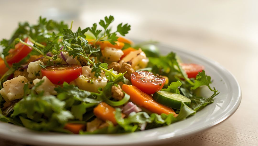 Fresh Mixed Greens Salad with Tomatoes and Walnuts on a Plate
