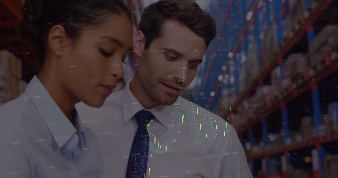 Warehouse Workers Analyzing Financial Data in Storage Facility