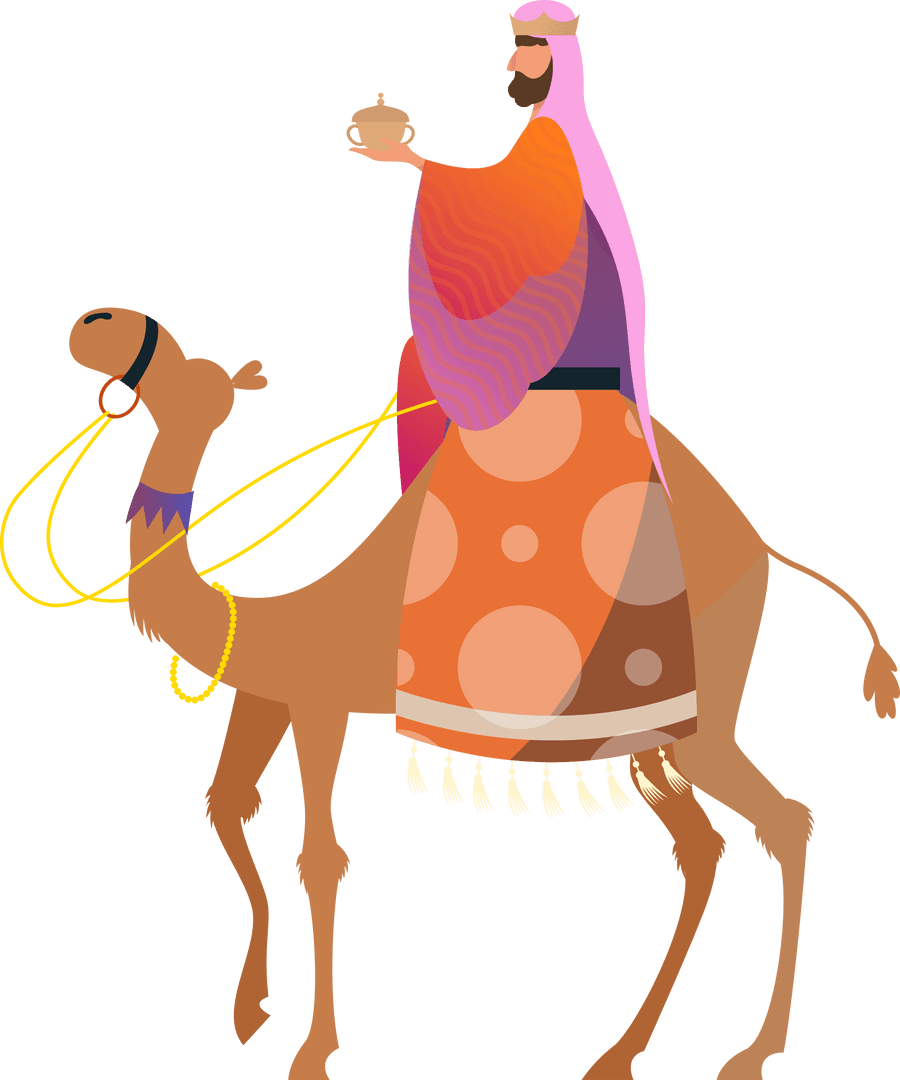 Crowned Traveler on Camel Holding Golden Vessel, Transparent Background