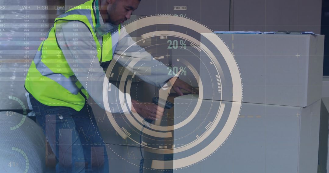 Worker Scanning Boxes with Digital Technology Interface Overlay