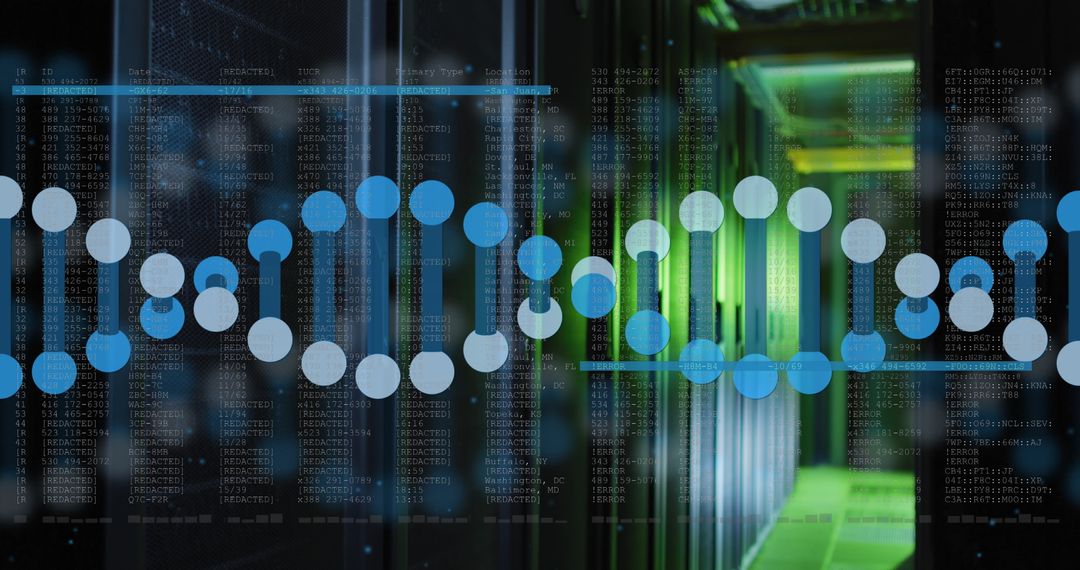 DNA Strand Overlay with Digital Data in Server Room