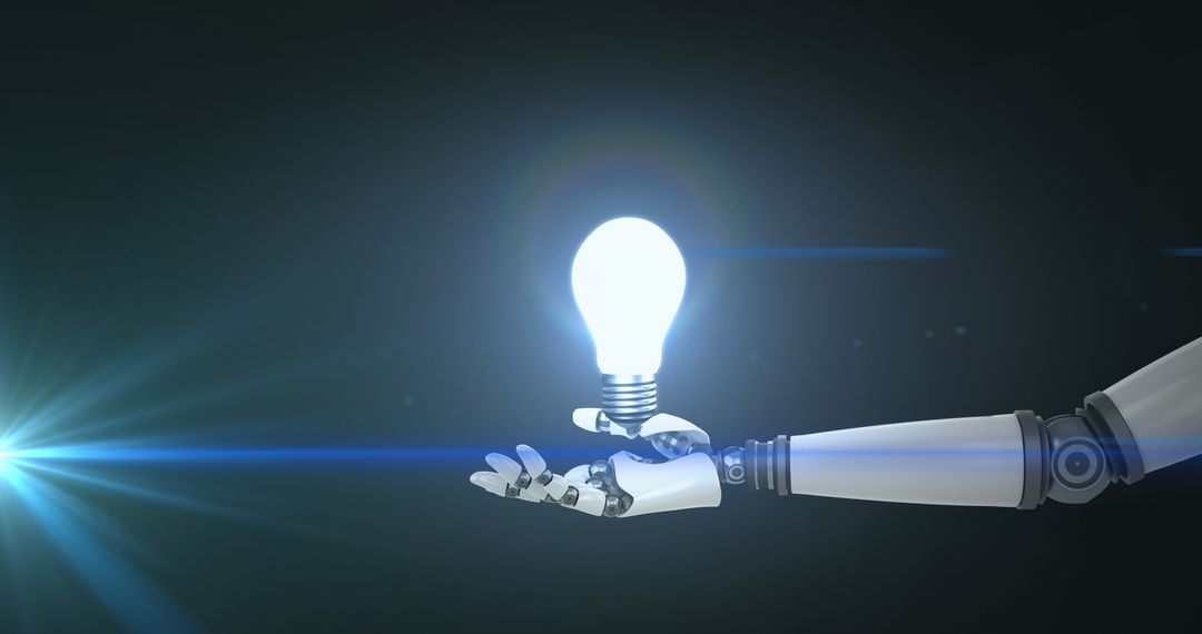 Robot Arm Holding Glowing Light Bulb Symbolizing AI Innovation