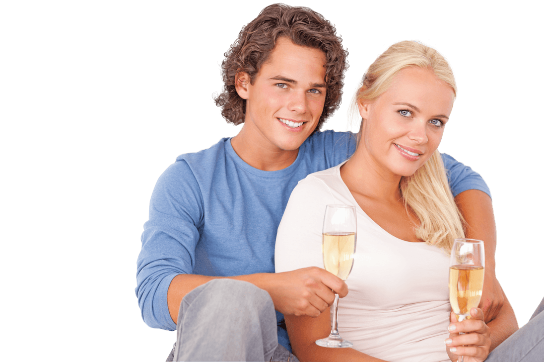 Happy Couple Enjoying Sparkling Wine on Transparent Background