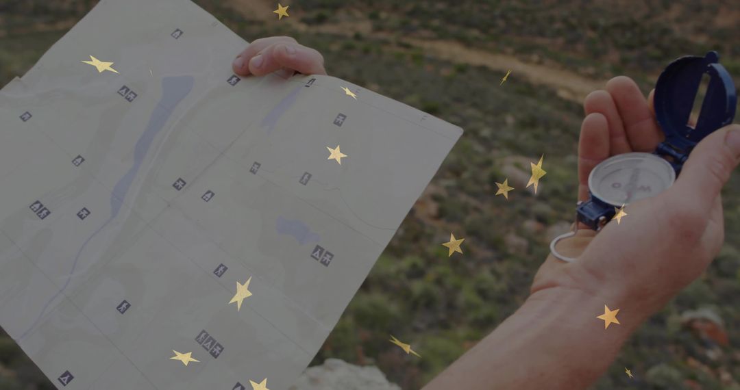 Hiker Navigating Wilderness with Map and Compass