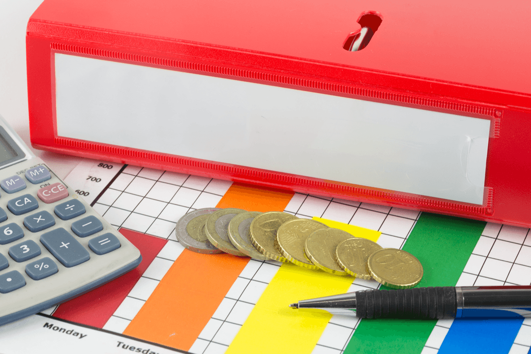 Transparent Red Business Binder with Coins and Colorful Chart