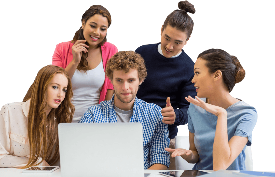Diverse Group Collaborating Over Laptop With Transparent Background