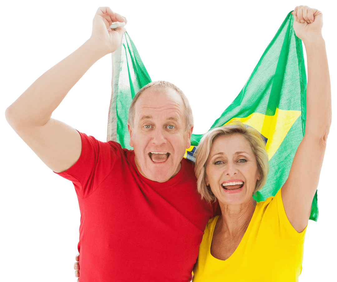 Cheerful Elderly Couple with Transparent Brazilian Flag
