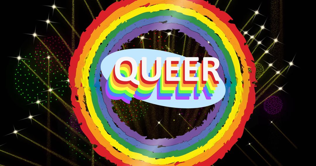 Vibrant Queer Text with Rainbow Circles and Fireworks