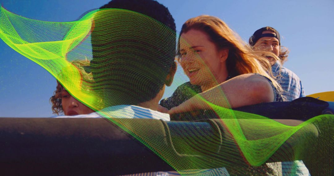 Friends Enjoying Amusement Park Thrill with Abstract Green Overlay