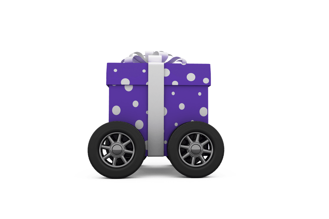 Transparent Polka Dot Gift Box on Wheels with Gray Ribbon