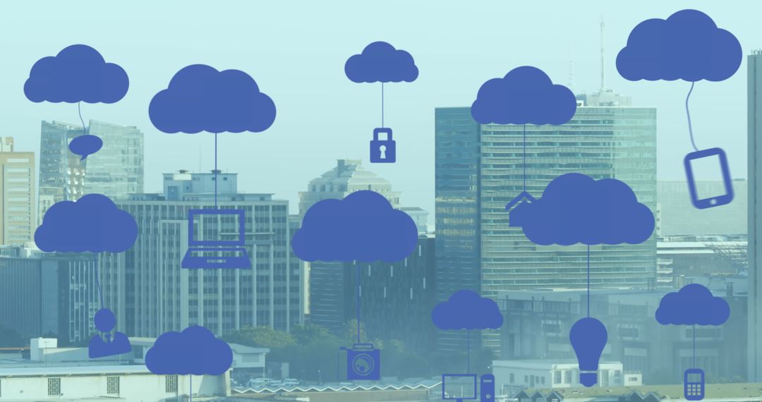Digital Cloud Icons with Urban Skyline Illustrating Tech Connectivity