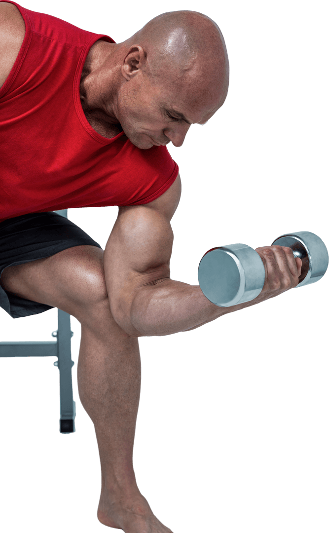 Transparent Background of Bald Man Lifting Dumbbells in Red Shirt