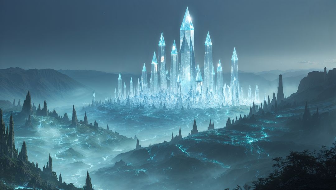 Enchanting Crystal Fortress in Mystical Frozen Landscape