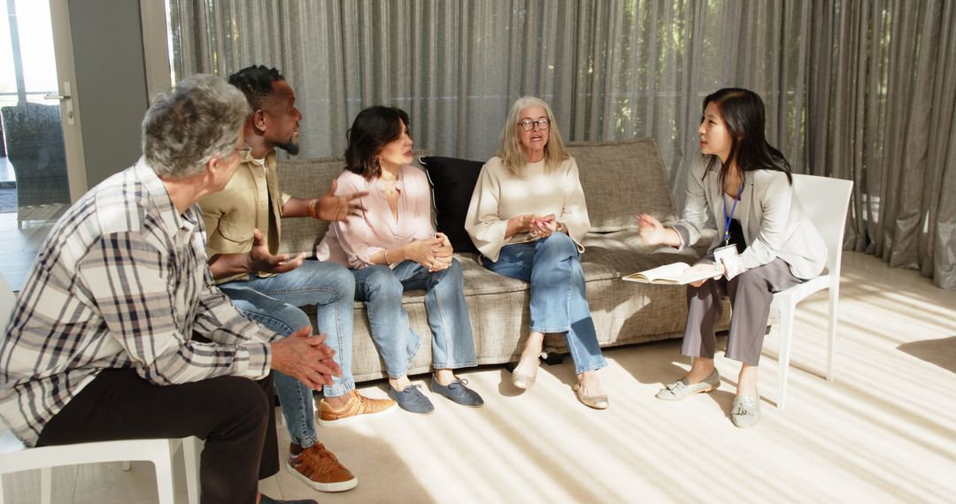 Group Therapy Session with Diverse Patients and Therapist