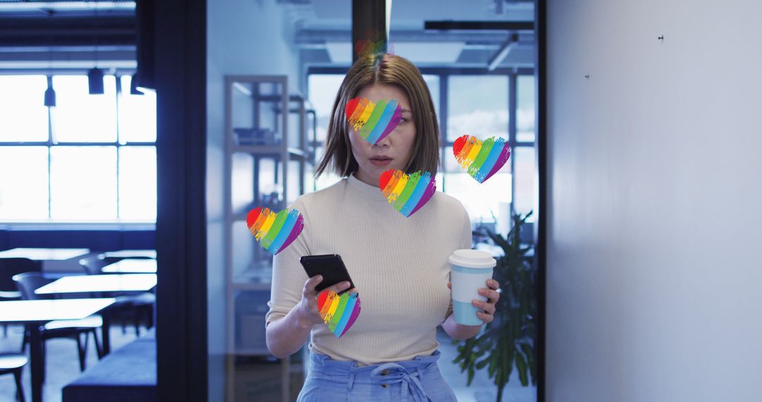 Businesswoman Receiving Rainbow Heart Messages While Walking in Office - Free Images, Stock Photos and Pictures on Pikwizard.com