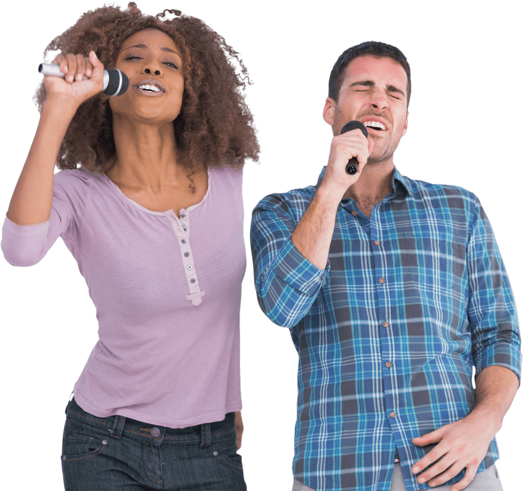 Joyful Couple Singing With Microphones on Transparent Background