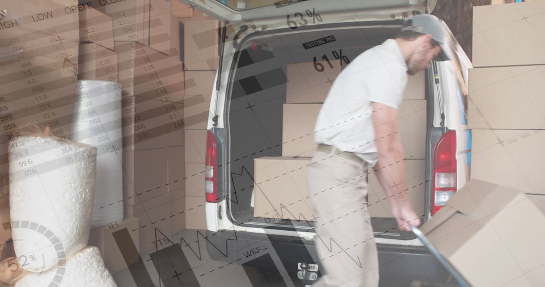 Delivery Man Loading Boxes with Logistics Data Overlay